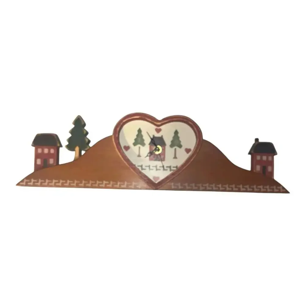 Vintage Hand Crafted Folk Art Wooden Heart Mantel Clock with Village and Tree